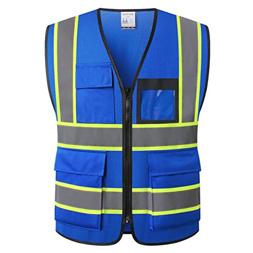 Reflective Safety Vest for Men Women Hi Vis Vest with 8 Pockets High Visibility Mesh Reflective Vest (Blue-07, Large) - color: Blue, size: Large