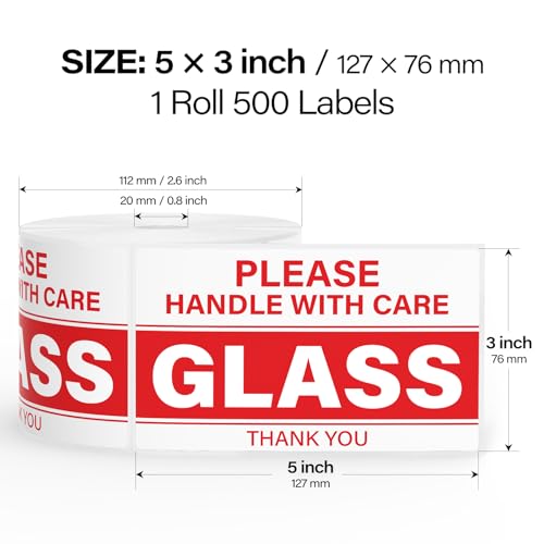 500 Pcs Glass Handle with Care Stickers 3" × 5" Fragile Shipping Labels