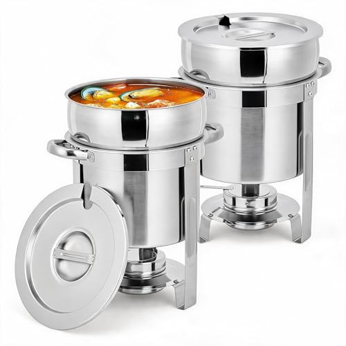 2 Pack Soup Chafing Dishes for Buffet 11QT Stainless Steel Soup Warmer Set with Lids & Fuel Holders,Round Food Warmer Pot for Catering Supplies Party - size: 11QT 2Pcs