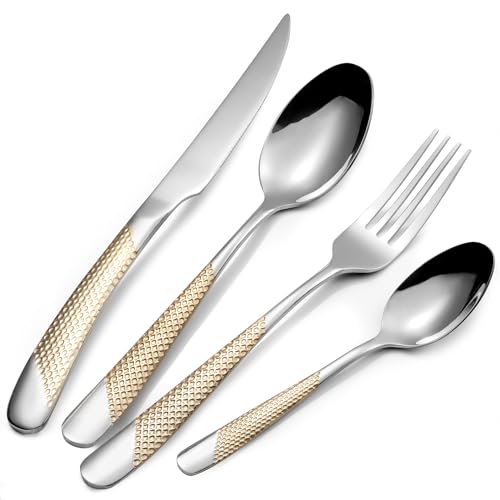 16 Piece Gold Hammered Silverware Set for 4, Premium Food-grade Stainless Steel Flatware Set, Luxury Design & Mirror Polished Cutlery Set, Eating Utensil Set with Fork Knife Spoon, Dishwasher Safe - color: Star Gold 16pcs