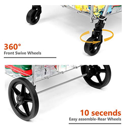 Grocery Utility Shopping Cart - Deluxe Folding Cart with Double Basket and 360° Rolling Swivel Wheels 66 lbs Utility Cart with Wide Cushion Handle Bar for Grocery Laundry Book Luggage Travel - size: Medium