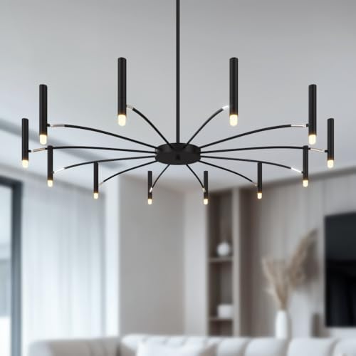 MOD LIGHTING Kendall Contemporary Candle Chandelier (12 Candles), 39" Modern Dining Room Chandelier, 3000K Warm White Sputnik Ceiling Light Fixture for Bedroom, Living Room, Cafes, Offices, Black - size: 12 Candles