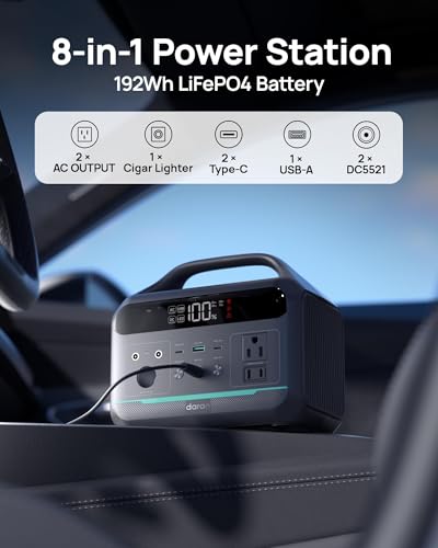 Daran 300W Portable Power Station (600W Surge) | 192Wh LiFePO4 Solar Generator for Camping, RV & Emergency | 8-in-1 Lightweight Battery Supply with 60W PD & LED Light for Laptop, Drone
