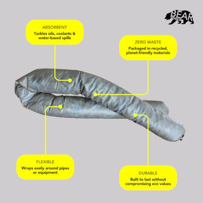 Spill Control Absorbent Sock, for Cleanup of Non-Aggressive Oil & Water Based Fluids, Indoor/Outdoor Use, 3" x 4', 12.6 Gallon Maximum Absorption Capacity (12-Pack) - Made in USA