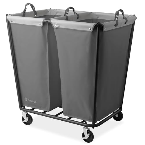 Dryser Divided Commercial Heavy-Duty Rolling Laundry Hamper, Steel Frame Cart on Wheels with 2 Section Removable Canvas Bins for Hotel or Home - Gray - color: Grey, size: 2-Section