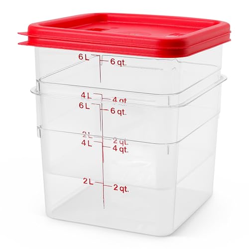 Cambro Food Storage Container with Lid - 6 QT (Quart) Square, Classic Series with Red Lid, Commercial Grade for Food Prep, Clear, 2 Pack - size: 6 QT + Lid (Pack of 2)