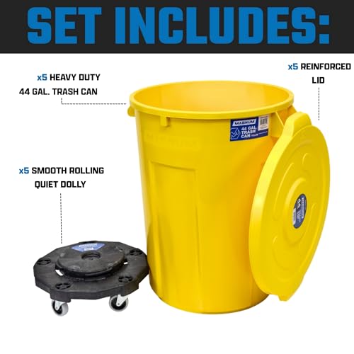 Magnum Yellow 44 Gallon Trash Can Set (Trash Can, Quiet Dolly, and Reinforced Lid), Construction Grade, Jobsite Ready for Handling and Rolling Garbage CMTC-CLD0-44Y05 (5 Set) - color: Yellow, size: 44 Gallon, style: Can + Lid + Dolly