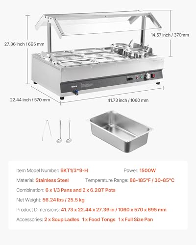 VEVOR Electric Soup Warmer, Two 6.34QT Pots & Six 1/3 Pans, Stainless Steel Commercial Food Warmer with 86~185°F Adjustable Temp, 1500W Bain Marie with Cover, Soup Station for Restaurant, Buffet - size: 2×6L Pots and 6×1/3 Pans