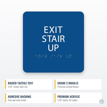 Alpha Dog Exit Stair Up Sign, 6x6 ADA Braille Sign, Blue - color: Blue, size: Exit Stair Up