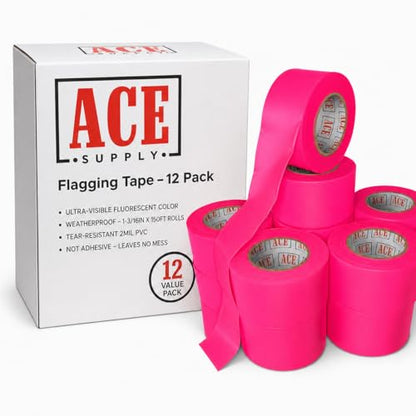 ACE Supply Pink Flagging Tape 12 Pack - Non-Adhesive Survey Tape - 1-3/16 Inch Width, 150 Ft Length, 2 Mil - Tree Marking Ribbon, Surveyors Ribbon - color: Pink, size: 12 Pack