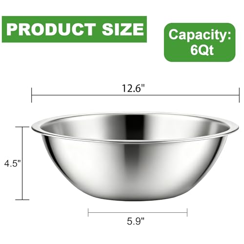 3 Pack Stainless Steel Mixing Bowls, 6 Quart Flat Base Stainless Steel Serving Bowls, 12.6 Inch Mirror Polish Large Metal Bowl Set for Kitchen Cooking, Baking, Prepping