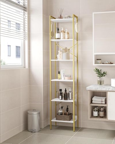 Hzuaneri Bookshelf, Book Shelf, Industrial Bookcase with 2 Hooks - color: White Gold, size: 9.4"D x 15.4"W x 72.8"H