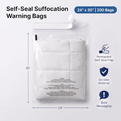 24" X 30" (200 Count) Self-Seal Clear Poly Bags With Suffocation Warning - size: 24" x 30"