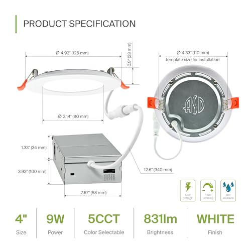 ASD 6 Pack LED Recessed Lighting 4 Inch 9W, 5 CCT 2700K-5000K CRI90+, IC Rated Ultra Thin Dimmable Ceiling Lights with J Box, Canless Wafer Downlight, Round Slim Panel Light, Energy Star ETL, White - color: White, size: 4 Inch 6 Pack