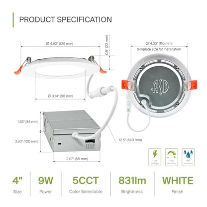 ASD 6 Pack LED Recessed Lighting 4 Inch 9W, 5 CCT 2700K-5000K CRI90+, IC Rated Ultra Thin Dimmable Ceiling Lights with J Box, Canless Wafer Downlight, Round Slim Panel Light, Energy Star ETL, White - color: White, size: 4 Inch 6 Pack