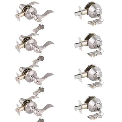 Gobrico Keyed-Alike Entry Door Lever and Deadbolt Locksets (Single Cylinder Deadbolt Keyed One Side) Satin Nickel Same Key Front Exterior Door Lockset with Knob and Deadbolt, Set of 4 - color: Satin Nickel, size: 4 Pack