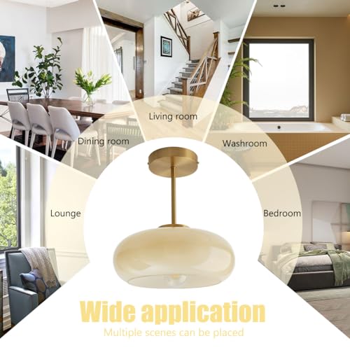 Mid Century Ceiling Light Fixtures Milk Glass Ceiling Lights Round Milk Yellow Shade Gold Brass Semi Flush Mount Ceiling Light Globe Glass Ceiling Lamp for Hallway Dining Room Kitchen - color: Milk Yellow 2