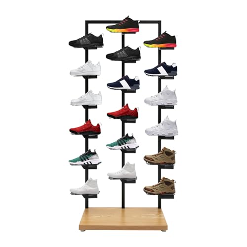 Commercial Clothing Store Shoe Rack Retail Store Shoe Display Shelf Free Standing Shoes Shelf Single Sided Shoes Racks 18 Compartments 24.25lbs Load Capacity (31.5 * 59.06in, Black, Wood) - color: Black, Wood
