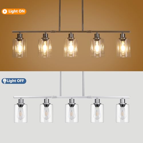 39.4" Kitchen Island Lighting, 5 Lights Clear Glass Pendant Light Fixtue, Chrome Linear Metal Chandelier for Dining&Living Room Foyer,Height Adjustable,E26 Socket - color: Chrome