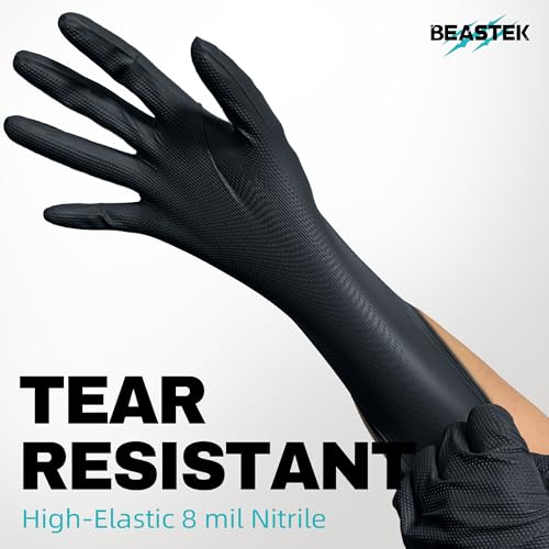 BEASTEK Nitrile Disposable Gloves, 8Mil Latex & Powder Free Chemical Resistant Heavy Duty Food Safe Diamond Glove Black 50Pcs - color: X-large (Black)