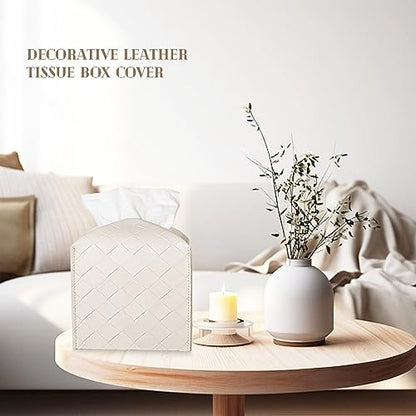 Tissue Box Cover PU Leather Tissue Holder Square Organizer Dispenser for Bathroom, Bedroom, Vanity Countertop, Office, Car, Griege