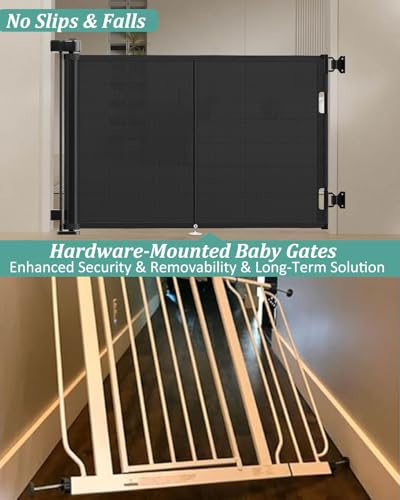 Miumoon 59 inch Reinforced Retractable Baby Gates 34 inch Tall - color: Black, size: 34" Tall x 59" Wide