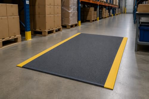 Guardian 24061001BY Soft Step Anti-Fatigue Floor Mat, Vinyl, 6'x 10", Black with Yellow Stripe - color: Black and Yellow, size: 120"L x 72"W x 0.4"Th