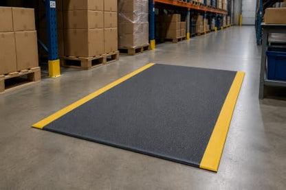 Guardian 24031201BY Soft Step Anti-Fatigue Floor Mat, Vinyl, 3'x 12', Black with Yellow Stripe - color: Black and Yellow, size: 144"L x 36"W x 0.4"Th
