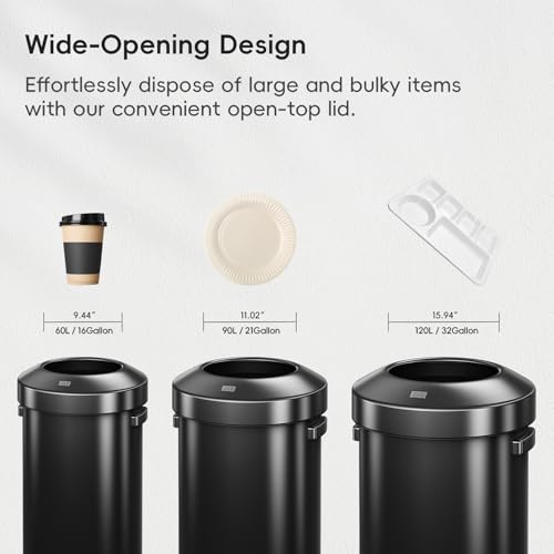 EKO 16-Gallon Round Black Stainless Steel Open Top Trash Can, Large Commercial Waste Bin with Detachable Lid and Carrying Handle, Brushed Metal Garbage Bin for Home, Office, Restaurant, Restroom - color: Matte Black, size: 60 Liter, Round