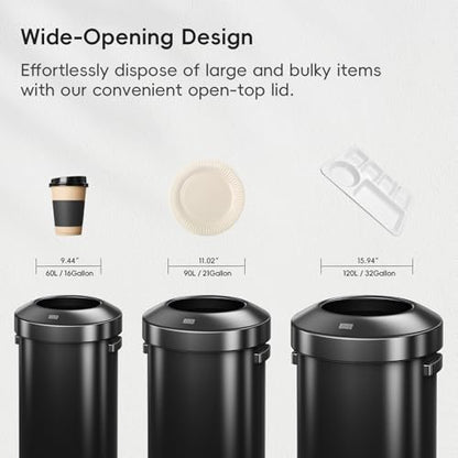 EKO 16-Gallon Round Black Stainless Steel Open Top Trash Can, Large Commercial Waste Bin with Detachable Lid and Carrying Handle, Brushed Metal Garbage Bin for Home, Office, Restaurant, Restroom - color: Matte Black, size: 60 Liter, Round
