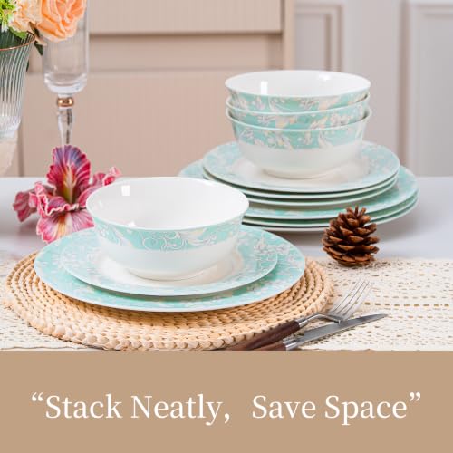 Bone China Dinnerware Set for 4, 12 Pcs Plates and Bowls, Light Blue Rim - color: Light Green
