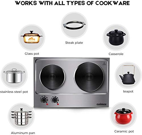 CUSIMAX 1800W Double Hot Plate, Stainless Steel Silver Countertop Burner Portable Electric Double Burners Electric Cast Iron Hot Plates Cooktop, Easy to Clean, Upgraded Version C180N - color: Silver, size: Double