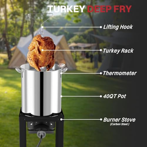 40QT Turkey Fryer Set | Stainless Steel Pot | Outdoor Fryer - size: 40QT+COVER+SKIMMER