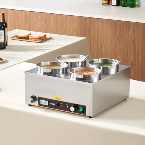 VEVOR Electric Soup Warmer, Four 6.34QT Stainless Steel Round Pot with 86~185°F Adjustable Temp, 1500W Commercial Bain Marie with Anti-Dry Burn and Reset Button, Soup Station for Restaurant, Buffet - size: 4×6L Pots