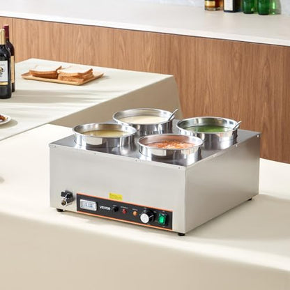 VEVOR Electric Soup Warmer, Four 6.34QT Stainless Steel Round Pot with 86~185°F Adjustable Temp, 1500W Commercial Bain Marie with Anti-Dry Burn and Reset Button, Soup Station for Restaurant, Buffet - size: 4×6L Pots