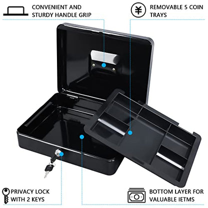 KYODOLED Metal Cash Box with Money Tray and Lock,Money Box with Cash Tray,Cash Drawer,11.81"x 9.45"x 3.54" Black X Large - color: Black, size: X Large