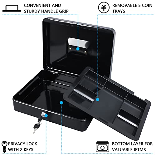 KYODOLED Metal Cash Box with Money Tray and Lock,Money Box with Cash Tray,Cash Drawer,11.81"x 9.45"x 3.54" Black X Large (Pack of 2) - color: Black-2PACK, size: X Large (Pack of 2)