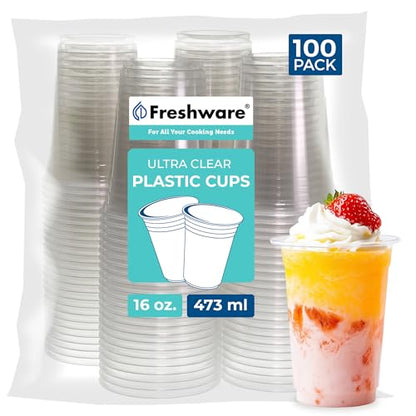 Freshware Clear Plastic Cups [100 Pack - 16 oz] Disposable Cups for Iced Coffee, Smoothie, Milkshake, Cold Drinks - size: 16 oz. [100PK]