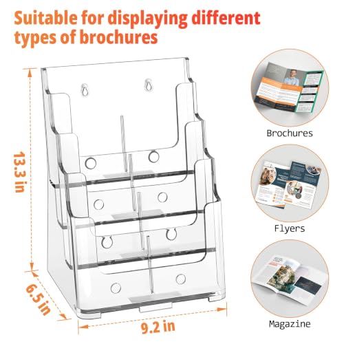 FUCDTEFC Acrylic Brochure Holder 8.5x11 & 4 x9 Inches, Clear 4 Tier Magazine Holder Brochure Display Stand w Removable Divider, Literature Pamphlet Flyer Holder for Wall Mount or Countertop - size: 4-Tier Brochure Holder