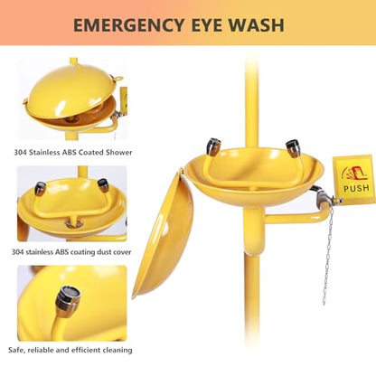 Pedal Operated Emergency Shower Eye Wash Station, 304 Stainless Steel and ABS Yellow Coating, Eyewash Basin with Dust Cover & Emergency Sign, NPT Thread, Yellow