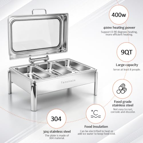9QT, Electric Chafing Dish Set,Electric Chafing Dishes Warming Trays Buffet Warmer,Food Servers Warmers Sets Party Commercial Buffet Set for Parties,Full Size & Half-Size &Three-Section,400w