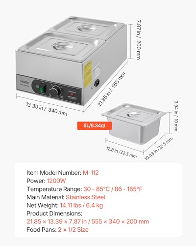 VEVOR Commercial Food Warmer, 1200W Electric Stainless Steel Steam Food Warmer, Fast Heating Countertop Buffet Bain Marie with Two 1/2 Size Food Pans, for Catering, Restaurants, Parties & Buffets - size: 2*1/2Pan