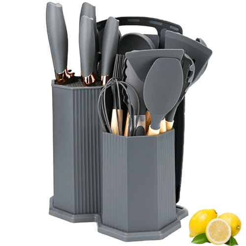 Kitchen Cooking Utensils and Knife Set with Holder Block, 19 Pieces Cooks Cutting Set 11 Pcs Silicone Cooking Utensils Sharp Stainless Steel Knives Scissors Whisk Tongs and Cutting Board (Grey) - color: Gray