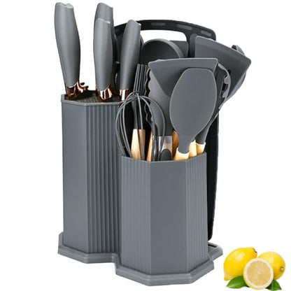 Kitchen Cooking Utensils and Knife Set with Holder Block, 19 Pieces Cooks Cutting Set 11 Pcs Silicone Cooking Utensils Sharp Stainless Steel Knives Scissors Whisk Tongs and Cutting Board (Grey) - color: Gray