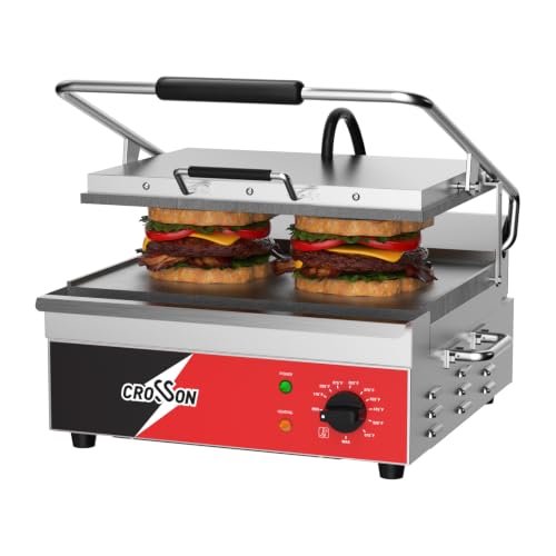 CROSSON 15"×11" Flat ETL Listed Commercial Electric Panini Grill,Hinged Auto Leveling Top Plate Panini Press Sandwitch Maker
