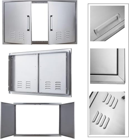 Outdoor Kitchen Doors, 36x21 Inch 304 Stainless Steel BBQ Access Door with Vent, Double Steel Doors for Outdoor Grill Island - size: 36W x 21H