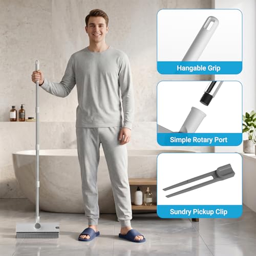 3 in 1 Floor Scrub Brush with 52" Long Handle, Heavy-Duty Stiff 90° Bristle Floor Scrubber, Shower Scrubber with Squeeze, Cleaning Brush for Bathroom Pool Garage Glass Tile Concrete White - color: White