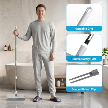 3 in 1 Floor Scrub Brush with 52" Long Handle, Heavy-Duty Stiff 90° Bristle Floor Scrubber, Shower Scrubber with Squeeze, Cleaning Brush for Bathroom Pool Garage Glass Tile Concrete White - color: White