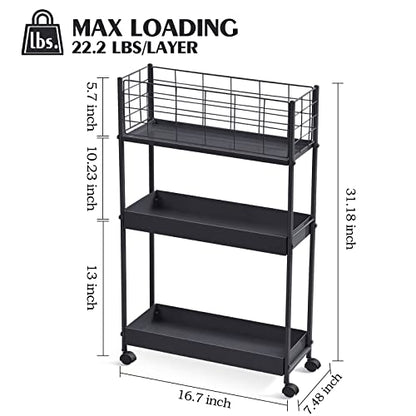 Slim Rolling Storage Cart, 3 Tier Heavy Duty Metal Utility Cart, Black - color: Black, size: 3-Tier