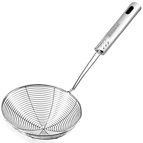 Anaeat 4.5" Stainless Steel Spider Skimmer, Professional Kitchen Pasta Strainer Spoon with Long Handle - Asian Strainer Ladle Wire Skimmer Spoons for Cooking and Frying - color: 4.5" Spider Strainer Skimmer